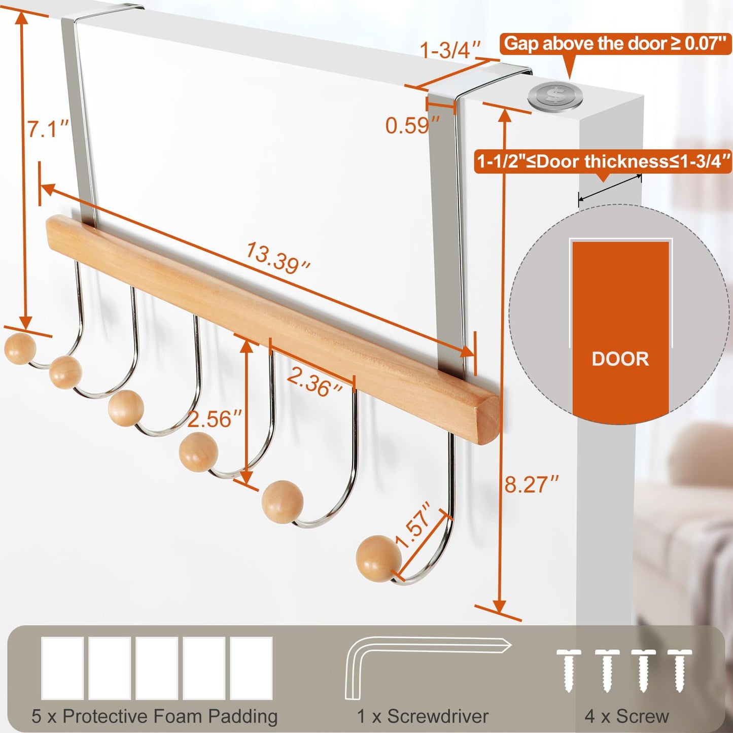 TOPIA HANGER Over The Door Hooks for Hanging, Towel Hooks Towel Racks for Bathroom, Coat Hooks Coat Rack Over The Door Organizer Hanging, Wooden Door Hangers for Coat Towel Hat Purse CT71N