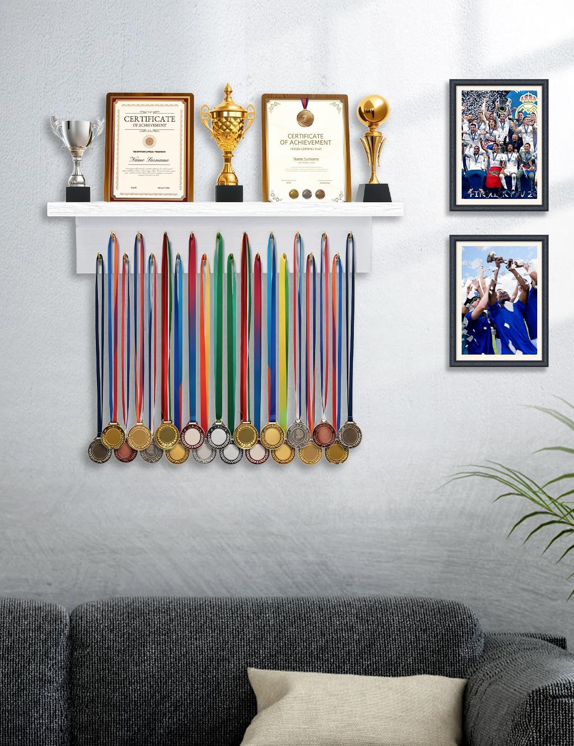 Wooden Medal Hanger Display - Sturdy Trophy Shelf with 19 Hooks for Gymnastics, Soccer, Running Awards