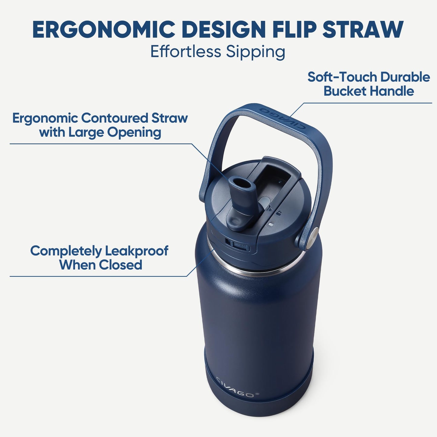 CIVAGO 64 oz Insulated Stainless Steel Water Bottle with Detachable Straw, Large Half Gallon Water Jug with Bucket Handle, Big Metal Leakproof Flask with Silicone Boot for Gym, Dishwasher Safe, Black