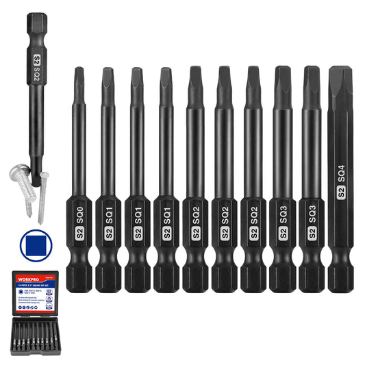 WORKPRO 10pcs Square Bit Set, CNC Machined S2 Steel Magnetic Screwdriver Bits Set, 1/4 Inch Hex Shank Driver Bits, 2.3 Inch Long Screwdriver Bits Set with Storage Box
