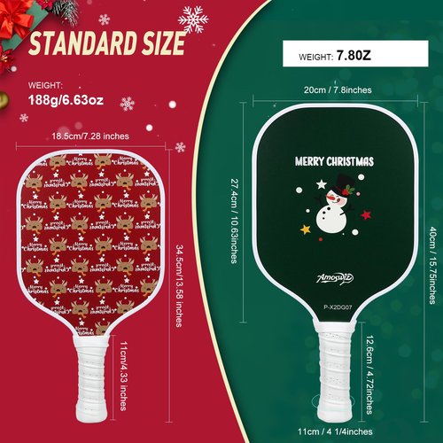 Amoswiz Pickleball Set of 4 – 2 Adult & 2 Kid Fiberglass Family Pickleball Paddles, Lightweight Honeycomb Core, Fun Gift Set with 4 Balls & Carry Bag for Beginners, Family Snow Man