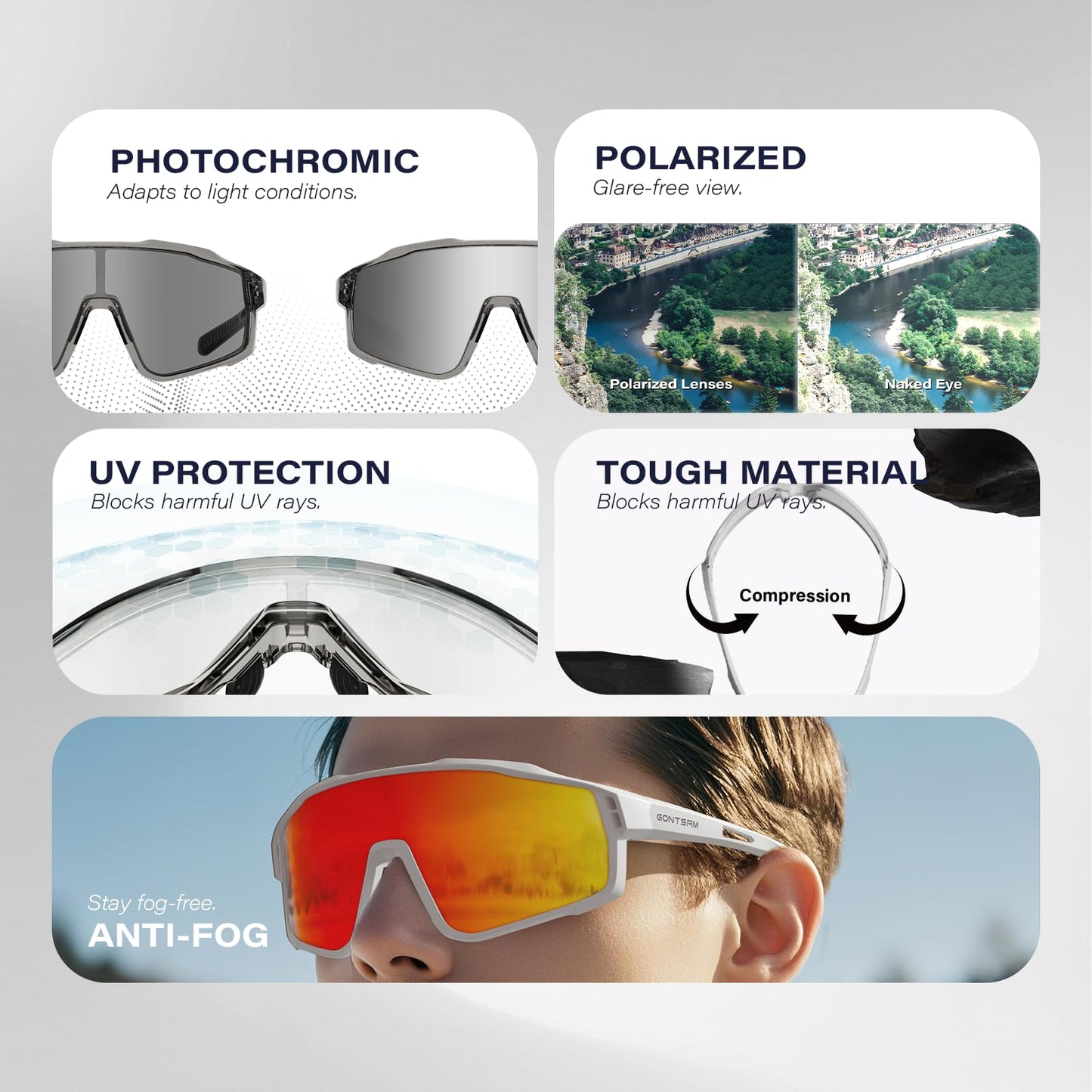 GONTSAM Polarized Cycling Glasses with Photochromic Effect, UV400 Protection, Sports Sunglasses with Winter Anti-Fog for Men & Women (Clear Gray)