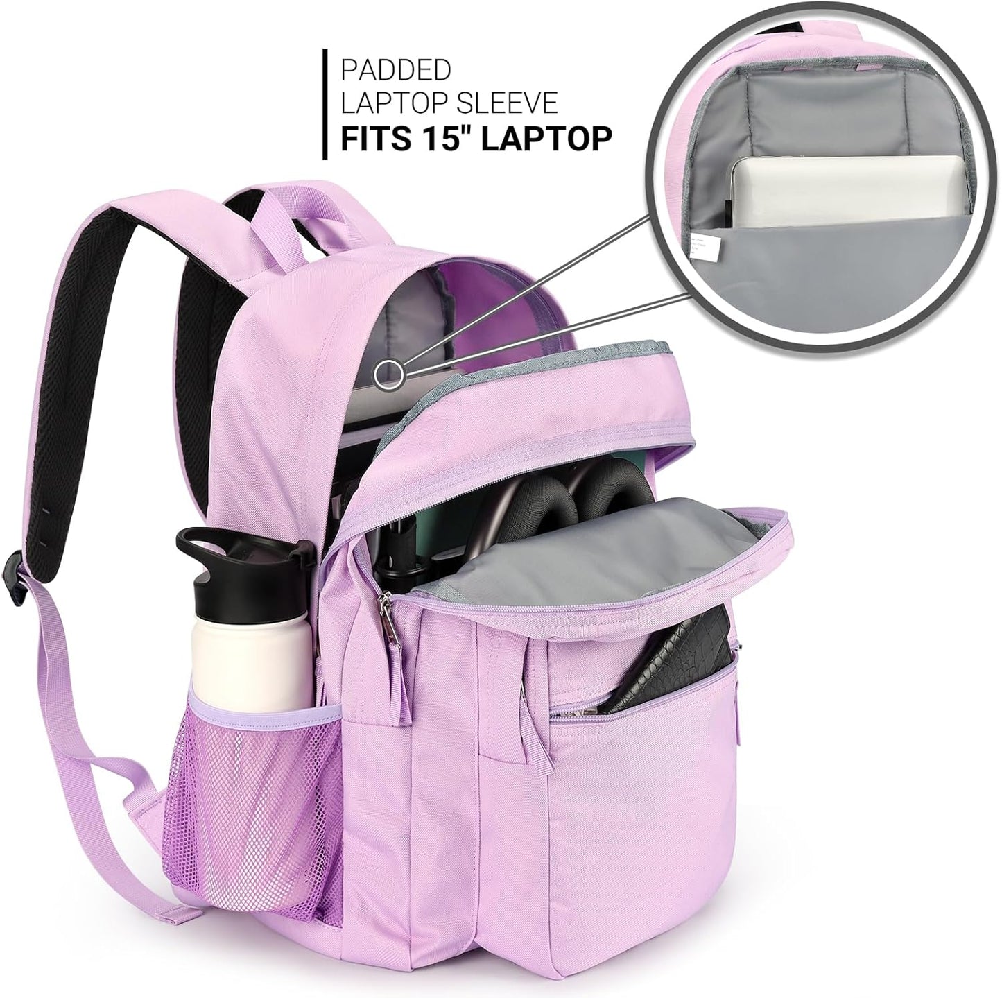 ZORFIN 26L Water-Resistant Backpack for College & Travel | Light Purple Bookbag