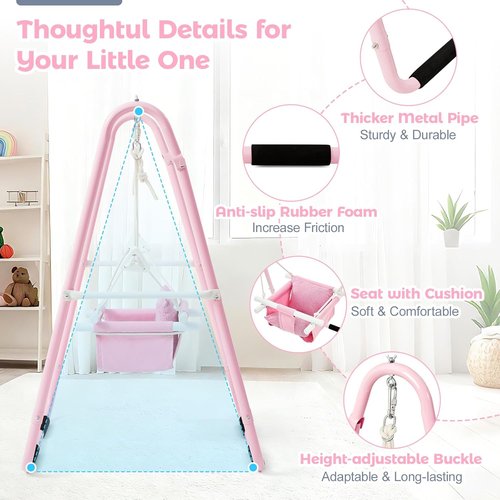 FUNLIO U-Shape Toddler Swing Set - Heavy Duty Metal Frame with Sandbags & Anti-Slip Pads | Portable Pink Design for Indoor/Outdoor Use