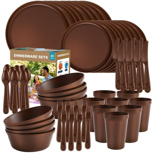 40 Piece Plastic Dinnerware Set for 8 with Cutlery, Unbreakable Plates and Bowls Set, Dishwasher & Microwave Safe Reusable Dish Set for Camping, RV, Outdoor Kitchen, Apartment Dining, Brown