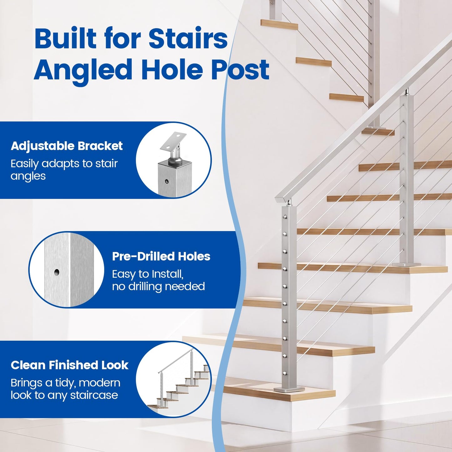 Muzata Stair Cable Railing Post 36 Inch for 25-35 Degrees Stair 36"x2"x2" Surface Mount Brushed T304 Stainless Steel Cable Railing System Kit Indoor Outdoor with Paper User Guide PS01 LA4S