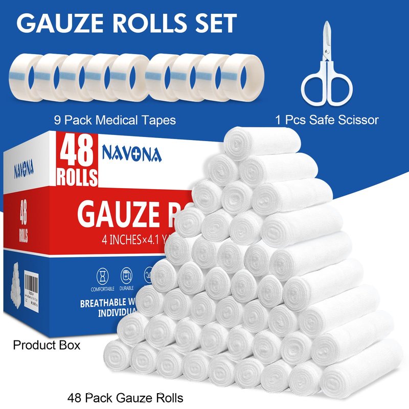 Navona 48 Pack Gauze Rolls 4 in x 4.1 Yards, Individually Wrapped Rolled Gauze Breathable, Mummy Wraps, Guaze Wrap Roll for Wounds