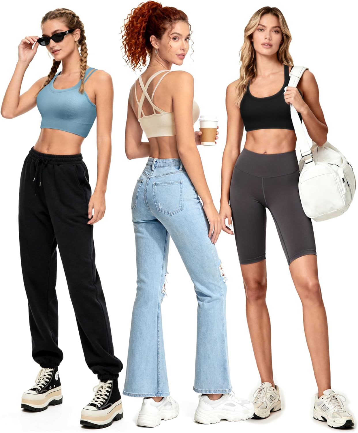 WANAYOU High Support Sports Bras for Women - Ribbed Strappy Design | Padded Criss Cross Back - 3 Pack