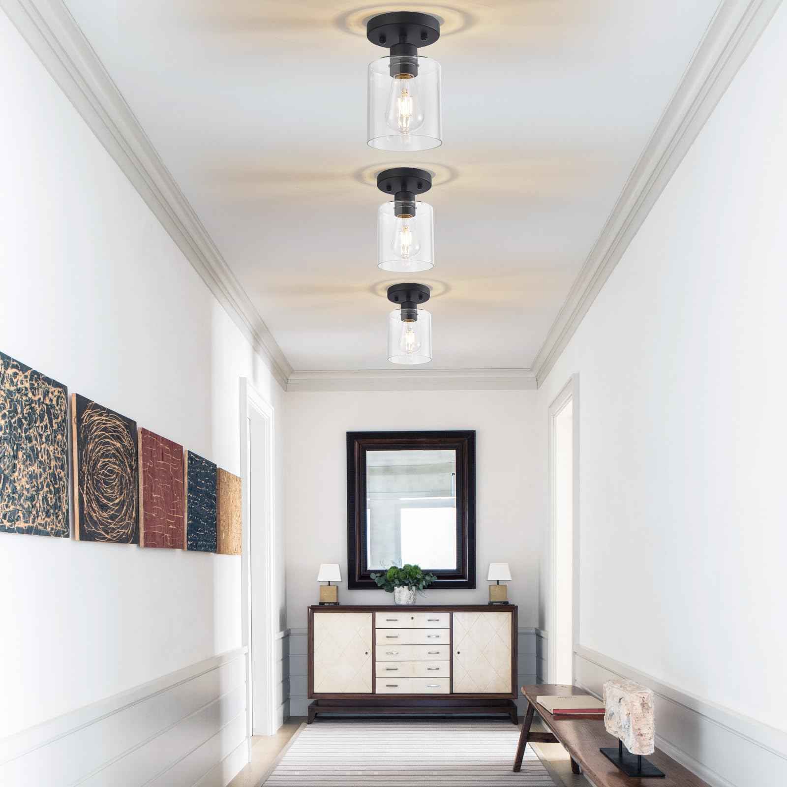 YYT 1 Light Semi Flush Mount Ceiling Light Black Kitchen Lighting Fixtures Ceiling Hallway Light Fixtures Small Cieling Lights with Clear Glass Shade Set of 1