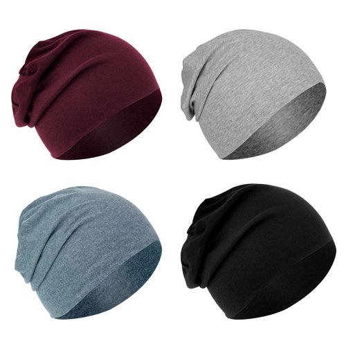 BEVTEE Beanie for Men, Slouchy Beanie Hats for Women 4 Pairs, Cotton Skull Caps Lightweight Slouchy, for Winter, Running, Camping, Chemo, Daily Wear(Burgundy + Heather Grey + Denim Blue + Black)