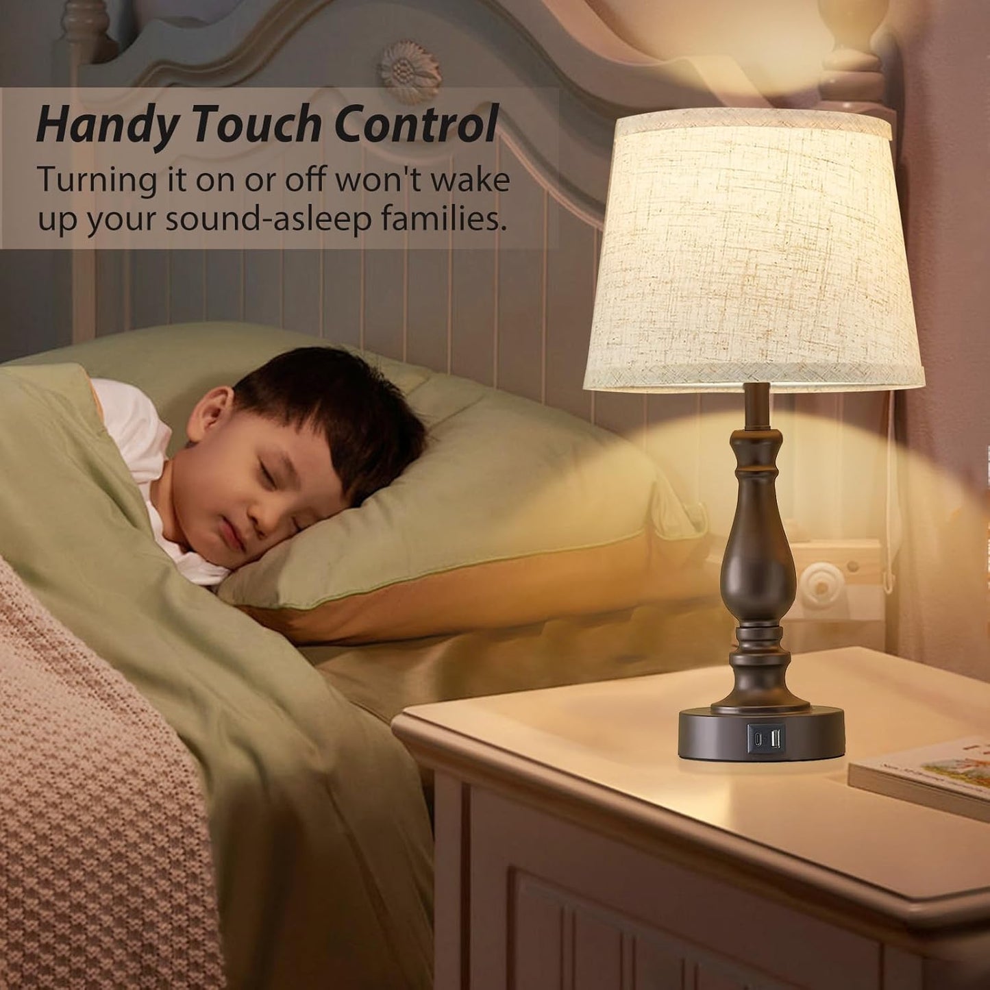 Touch Bedside Table Lamps Set of 2 with USB C+A Ports - 3-Way Dimmable Linen Shade