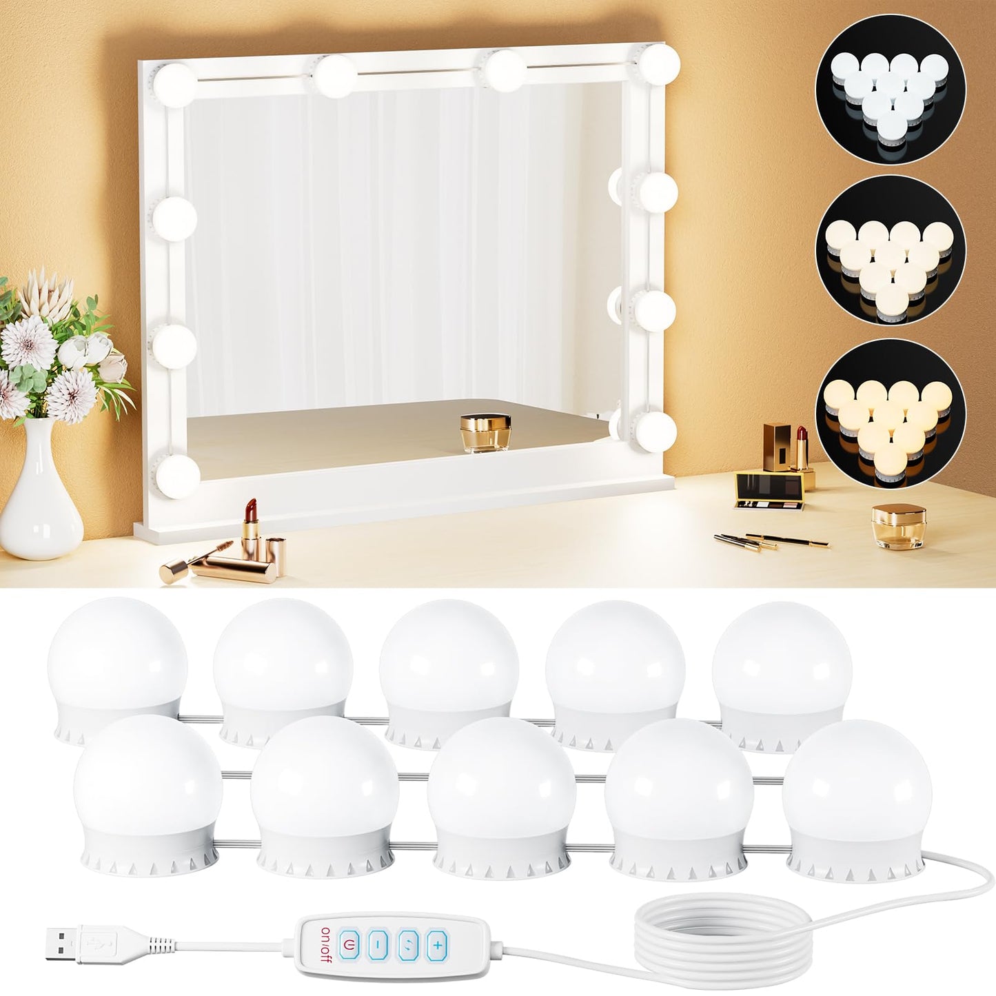 Yarnock 10 Bulbs LED Vanity Lights for Mirror, 3000K 4000K 6500K & 10-Brightness, Wire Length Adjustable, USB Cable, Hollywood Mirror Lights for Makeup Dressing Room Bathroom, White