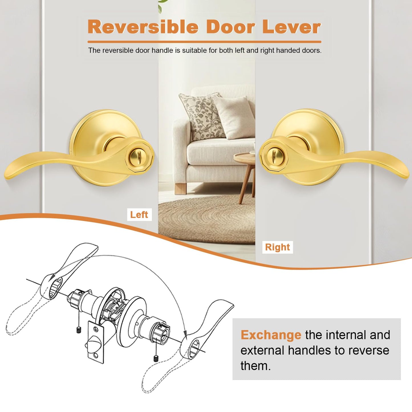 Probrico Door Handles Interior Brushed Gold Privacy Door Handle Lever, Bedroom Bathroom Door Lever Wave Style, 6 Pack