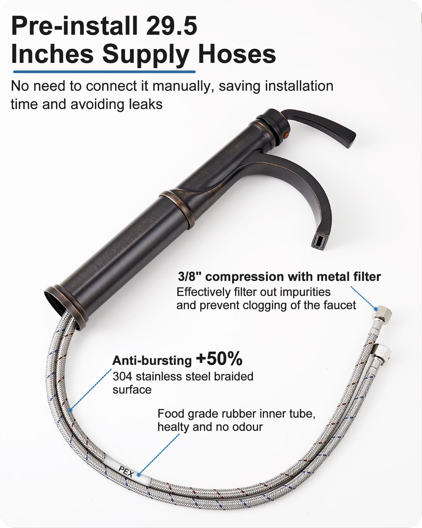 HEYMYTAP Vessel Sink Faucet, Oil Rubbed Bronze Waterfall Bathroom Sink Faucets, Brass Tall Bathroom Faucet Vanity Faucet 1 Hole Restroom Faucet Single Handle with Pop-up Drain Supply Hose