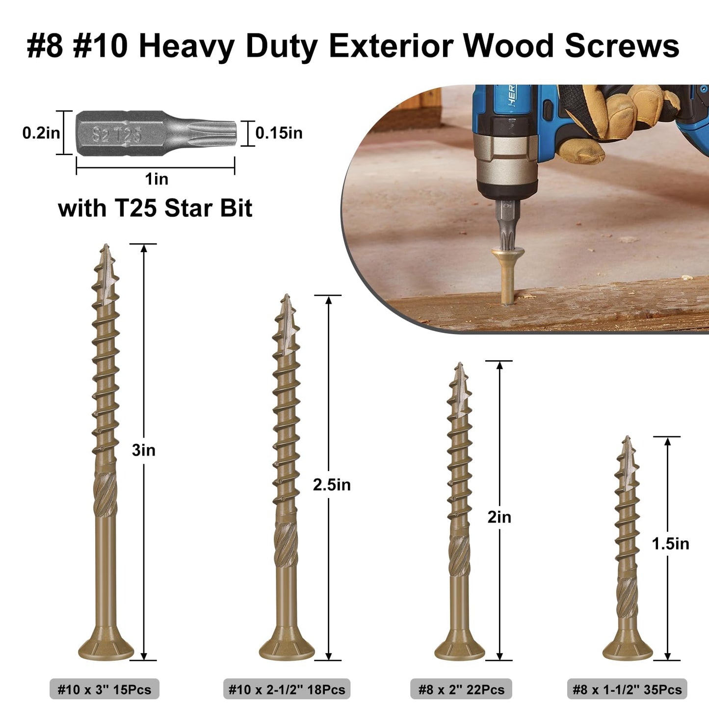 VGBUY 90Pcs Deck Screws, #8#10 Wood Screws Assortment Kit, Heavy-Duty Exterior,Star Drive,Bronze (1-1/2",2",2-1/2",3"),T25 Star Bit