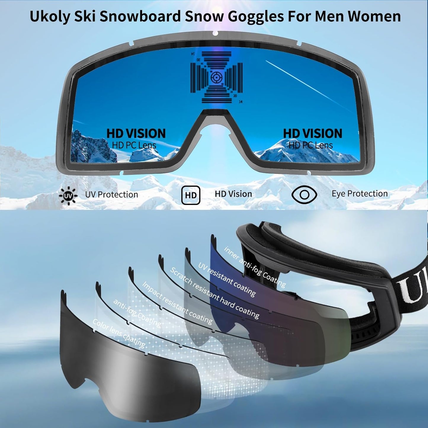 Ukoly Ski & Snowboard Goggles - HD Anti-Fog Lens, UV400 Protection, OTG Design for Men & Women