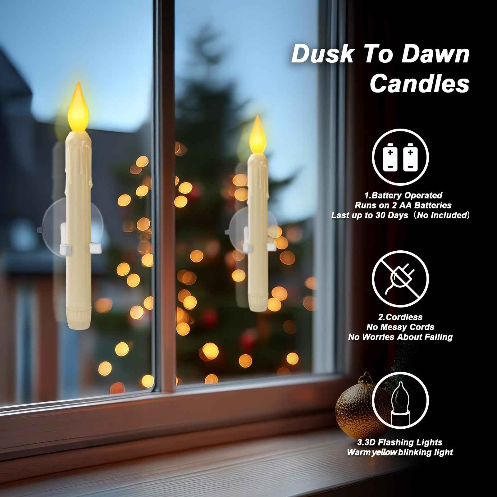 Meigic 6 Pcs Sensor Dawn to Dusk Window Candles, Flickering Battery Candles for Windows, Ultra Bright Fake Candle Lights with Suction Cup, Led Candlesticks for Xmas Home Decor, Warm Yellow Light