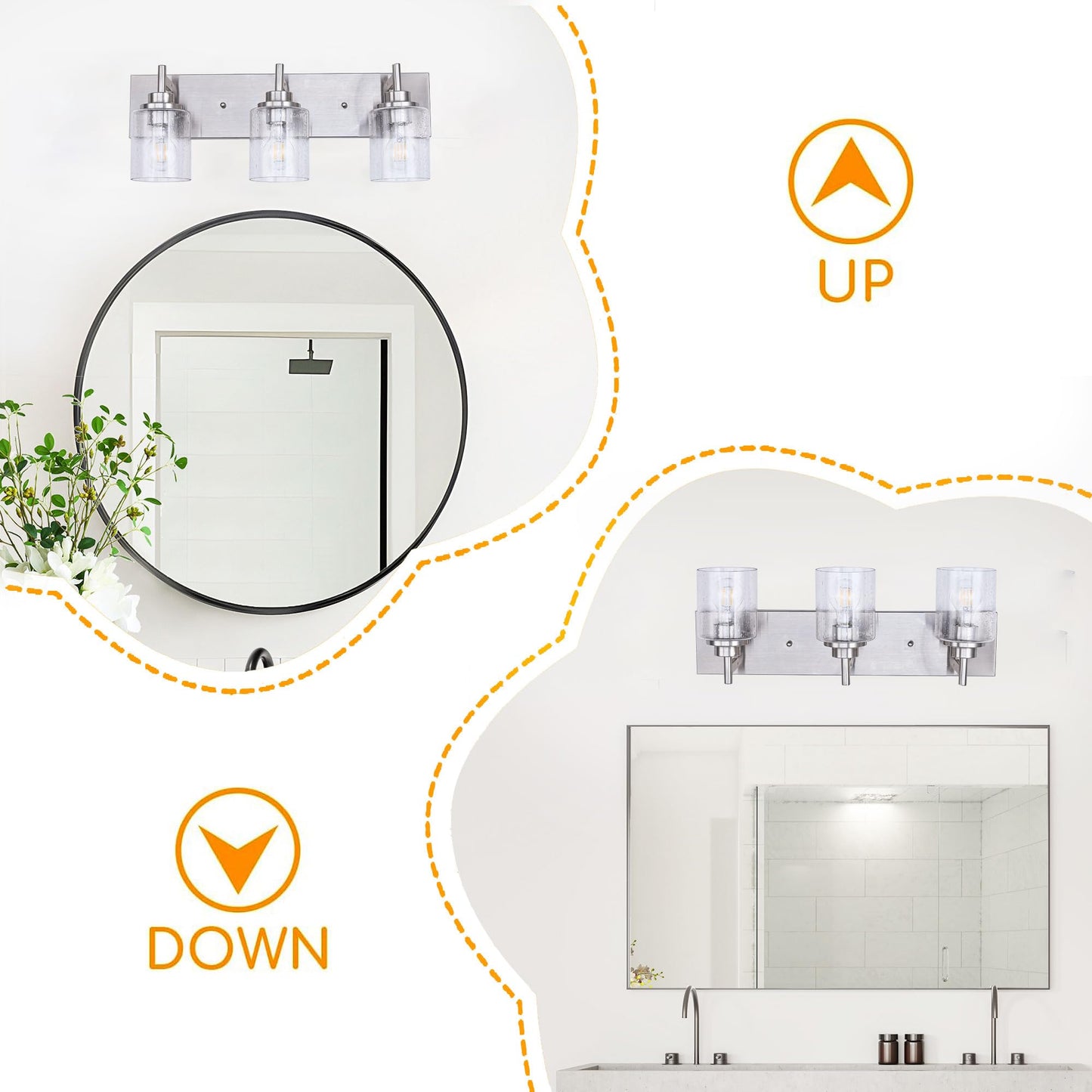 landskylite Bathroom Vanity Light Fixture, Brushed Nickel，24" 3-Light，Offset Mount, Modern Wall Sconce，Seeded Glass & Large Backplate - Farmhouse Lighting for Bathroom, Living Room, Hallway