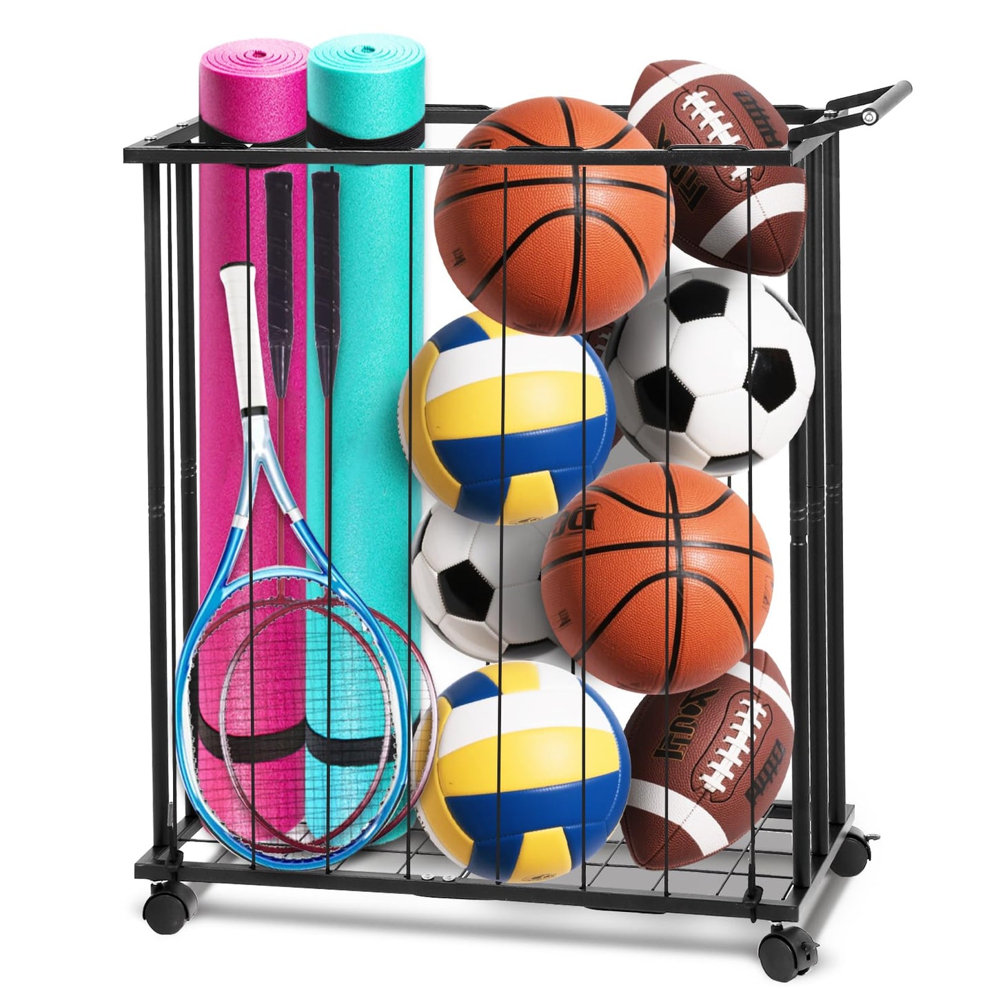 Columnar Vertical Ball Storage Racks with Wheels-NEW Durable 58x13'' Rolling Basketball Holder Wall Mount for Soccer, Volleyball, Space-Saving Garage Sports Ball Rack Organizer for Home,Gym & Outdoors
