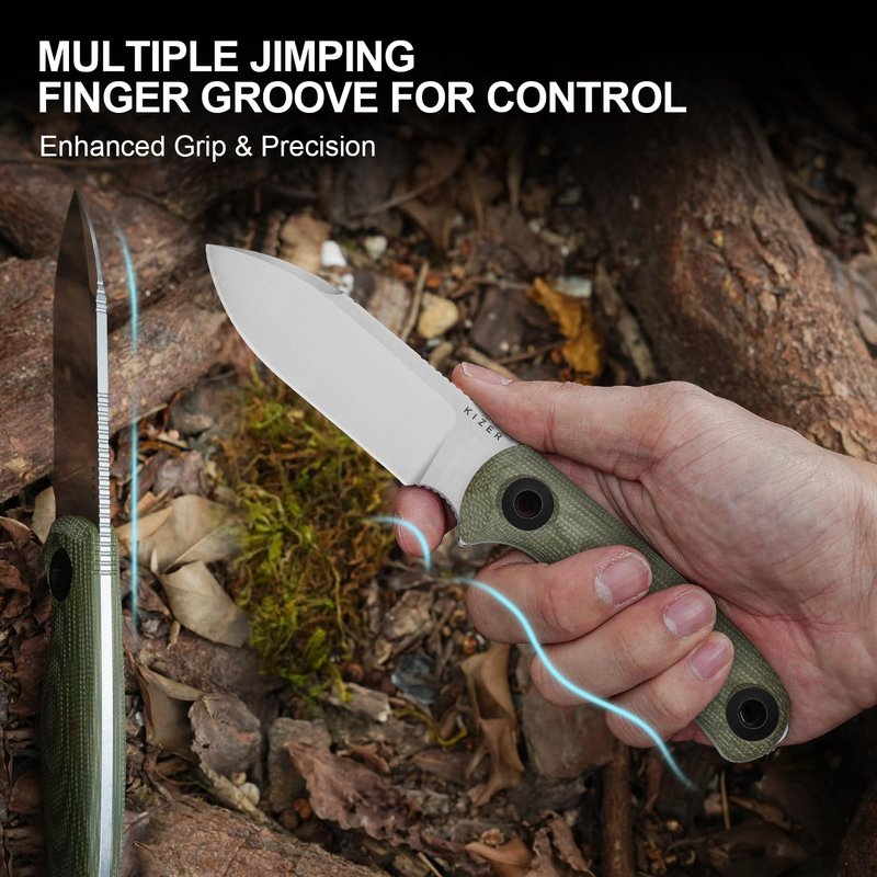 Kizer Drop Bear Fix 3 Fixed Blade Knife, 3.8" 14C28N Blade EDC Camping Knife with Green Micarta Handle, Small Hunting Knives with Sheath, Outdoor Survival Knives with Pocket Clip and Lanyard, 1101A2