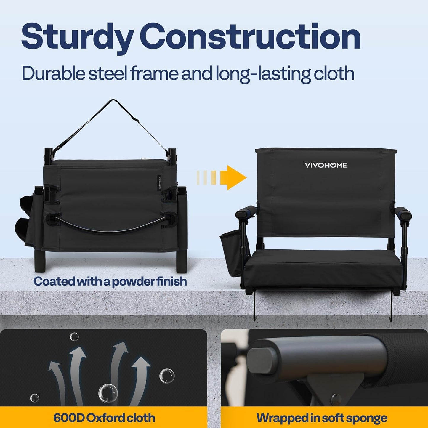 VIVOHOME Portable Stadium Seat - Comfortable Bleacher Chair with Back Support & Cup Holder | Black