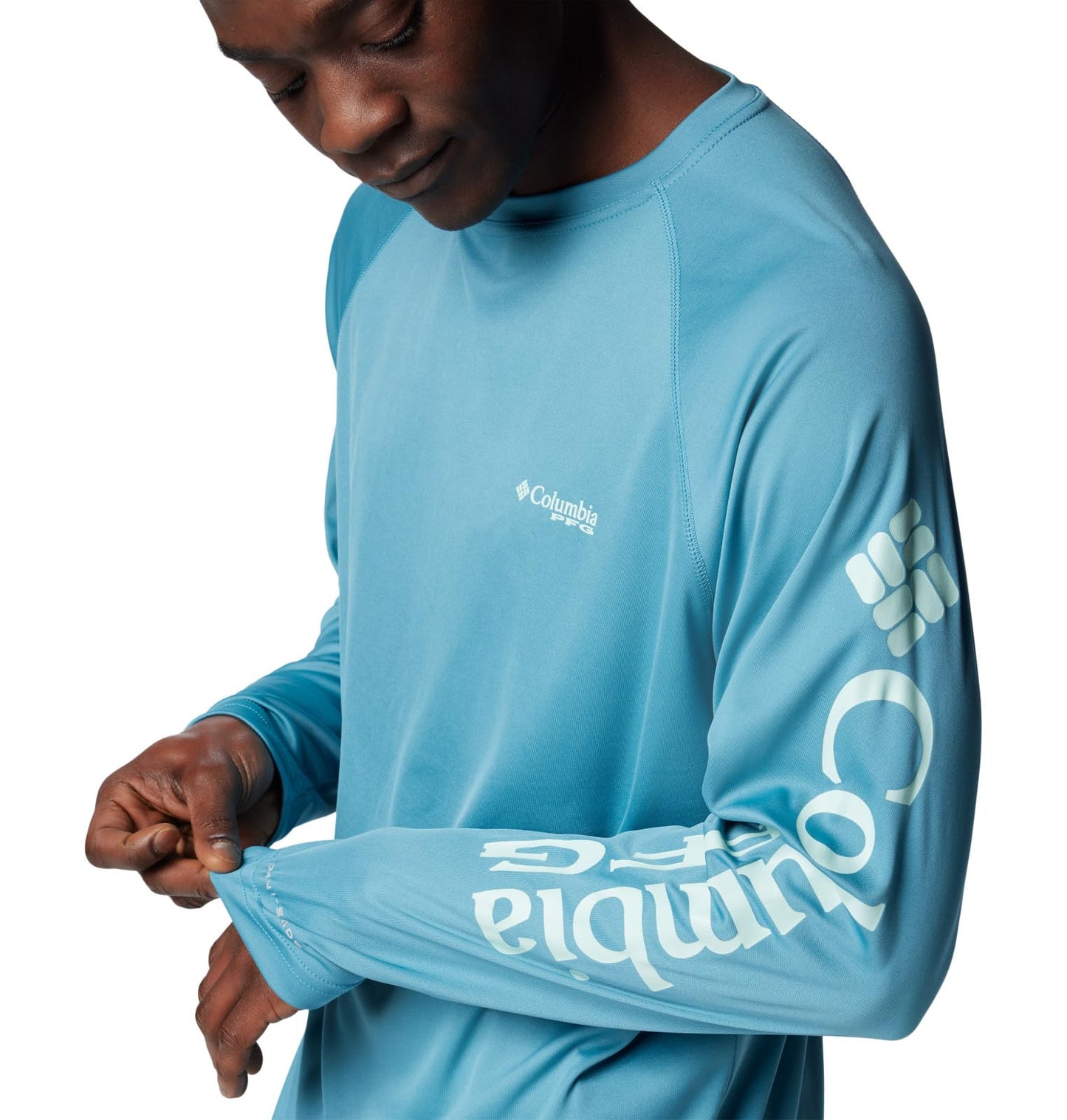 Columbia Men's Terminal Tackle Long Sleeve Fishing Shirt, Canyon Blue/ICY Morn Logo, Large