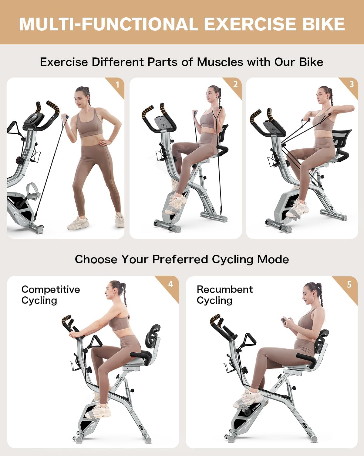 Pooboo Folding Exercise Bike - Foldable Upright Stationary Bike with 8-Level Resistance | 300LB Capacity, Back Support Cushion