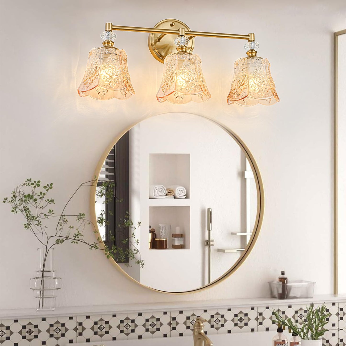 sunkryster Gold Vintage Bathroom Vanity Light Fixture, 3-Light Bathroom Lighting Gold Finish with Amber Glass Shade, Retro ‎Brushed Gold Vanity Light for Bathroom