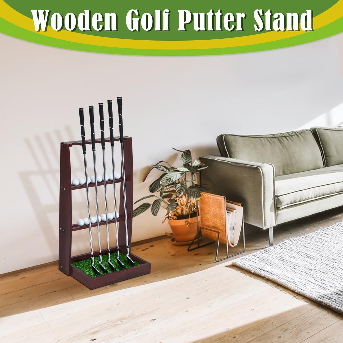 Lenwen Golf Putter Stand Wooden Display Rack Golf Club Holder Stand Floor Display Rack Club Organizer for Storage Sports Indoor Home Office Simulator(Hold 6 Clubs 16 Balls Storage,Fresh,Brown)