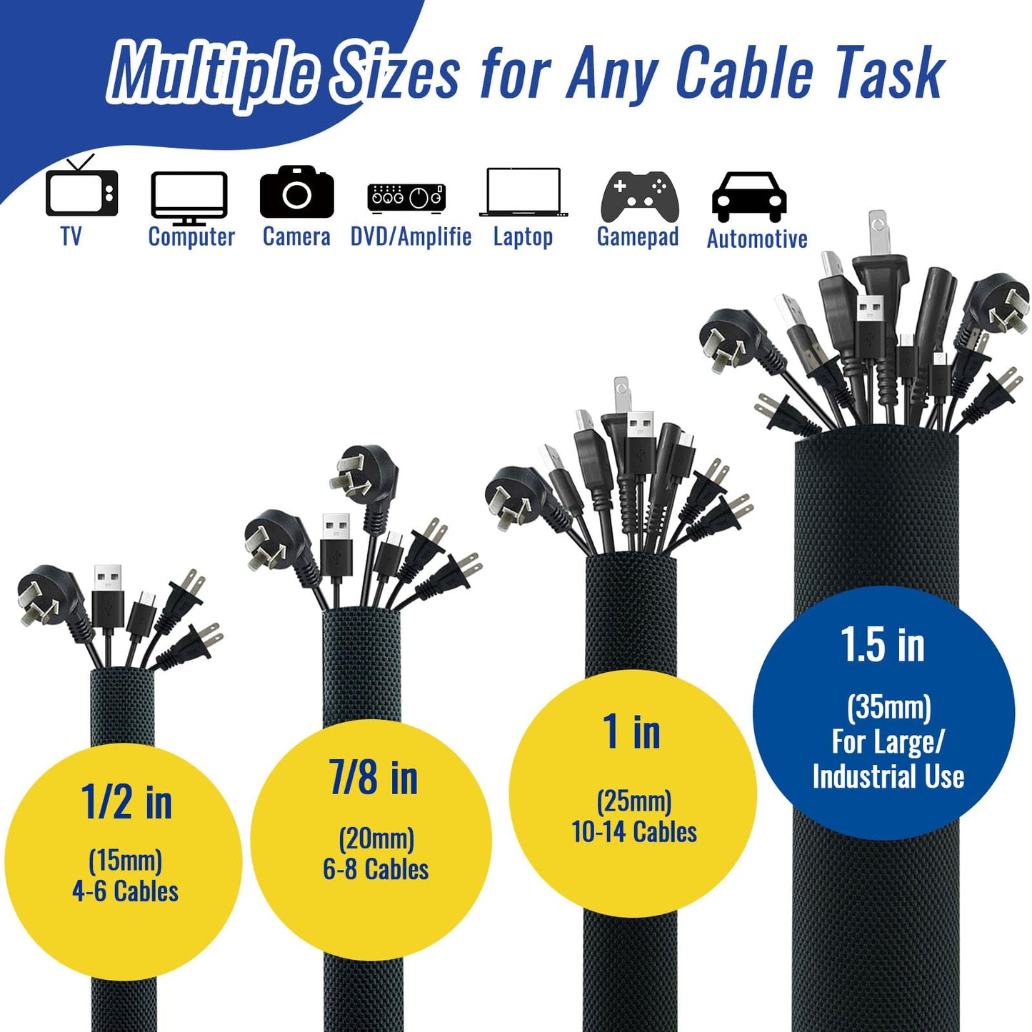 Flauzmann 1/2" - 6.6FT Chew Proof Cat Cord Protector（Hook & Loop Split Sleeve for Pets - Cat/Dog Proof Cable Management Sleeve for Office USB Computer Audio Cables, Flexible Wire Cover - Black