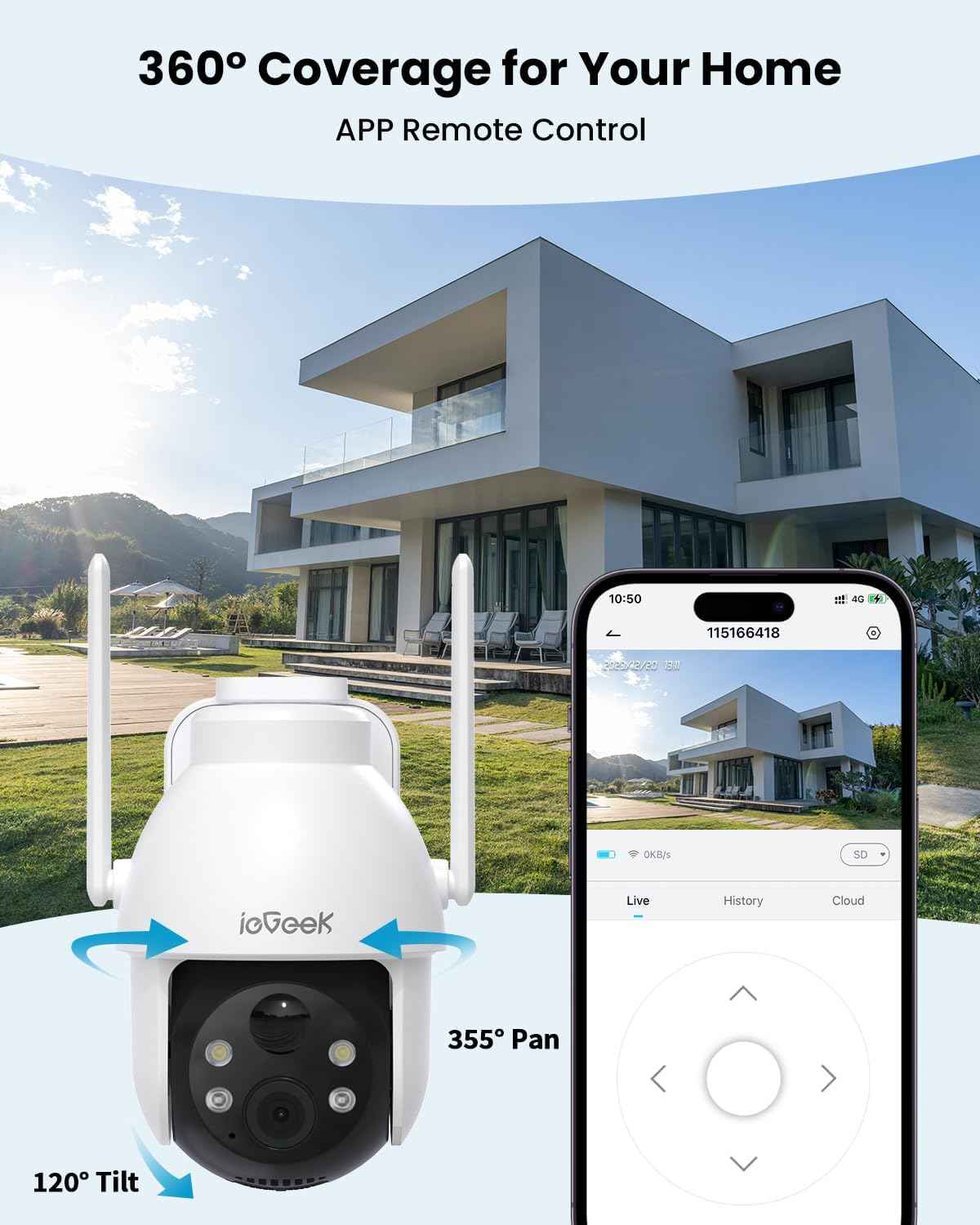 2K Solar Wireless Security Camera - Outdoor Battery-Powered Surveillance with 360° PTZ, Color Night Vision & 2-Way Audio