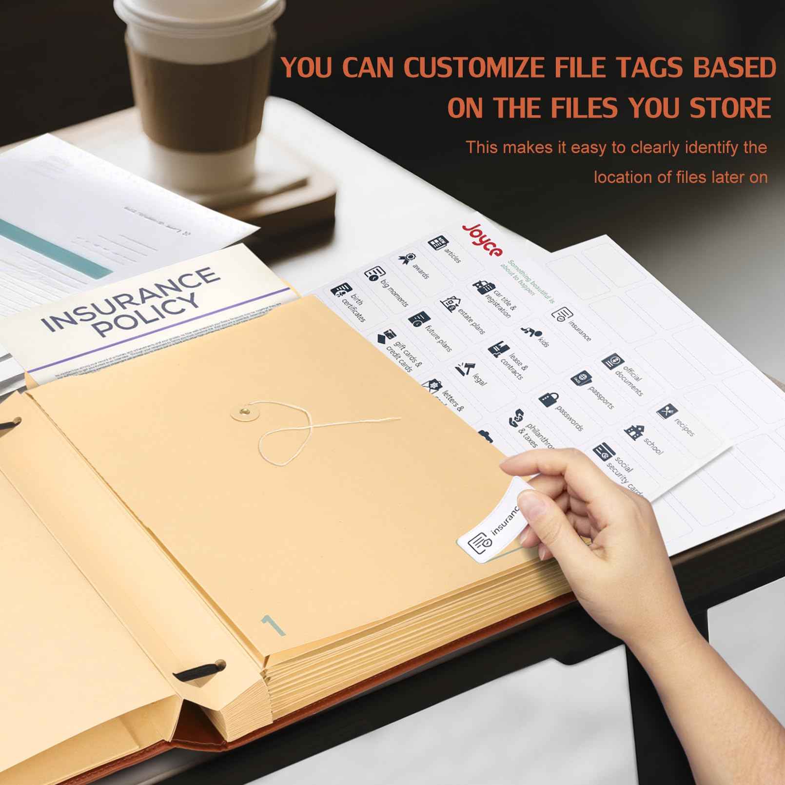 JOYCE Important Document Organizer, Life File Manager with Labels, for Managing Letters, Photos, Birth Certificates, Social Security Cards, Passport, Ring Binder (Brown Leather)