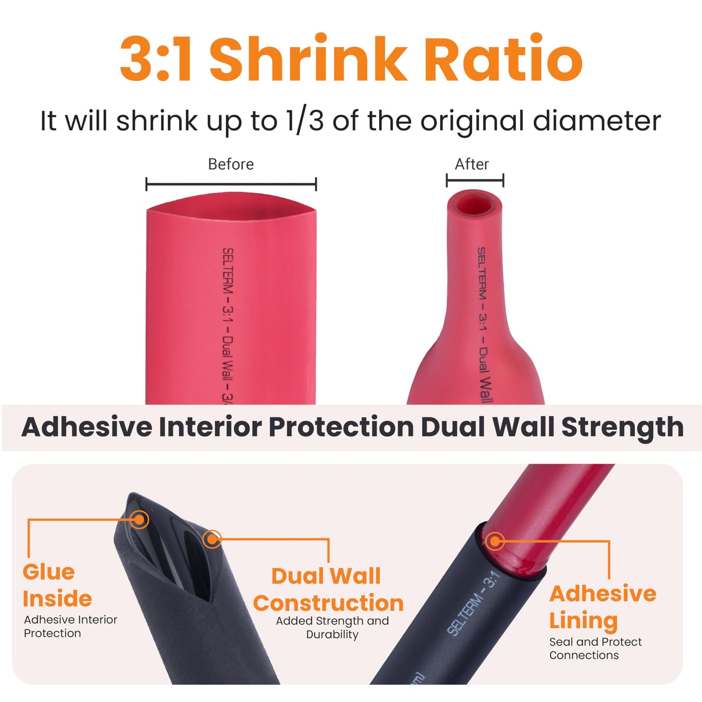 SELTERM 10pcs - 2 Awg - 5/16" Stud - Battery Lugs - Ring Terminal Connectors | with 12pcs 3:1 Black & Red Heat Shrink Tubing with Adhesive | Heavy Duty Battery Cable Ends - Bare Copper Wire Lugs Kit