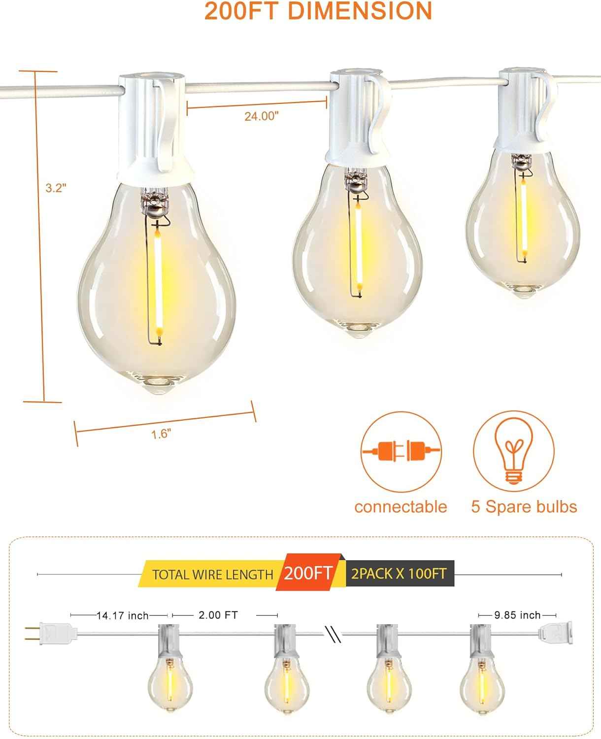 200FT Waterproof LED Outdoor String Lights with 100 Shatterproof Edison Bulbs - Dimmable Patio Decor for Backyard & Garden