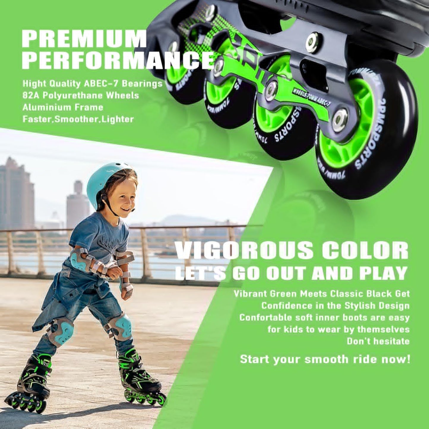 2PM SPORTS Torinx Green Adjustable Inline Skates - Fun Beginner Roller Skates for Kids & Adults