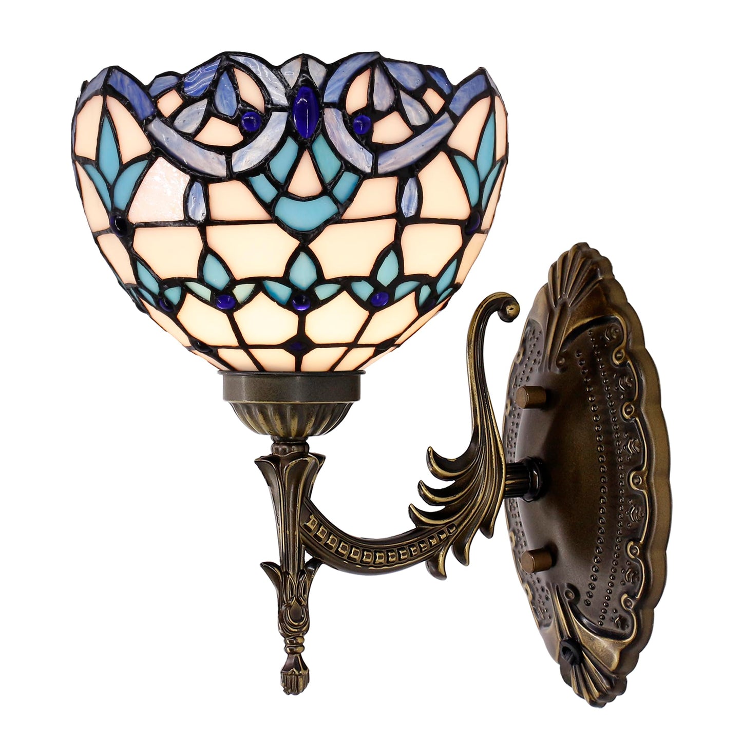 Tiffany Wall Sconce Lamp Stained Glass 8X10.5X11 Inch Plug in Wall Bedside Light for Hallway Bedroom (White Blue Baroque Style)