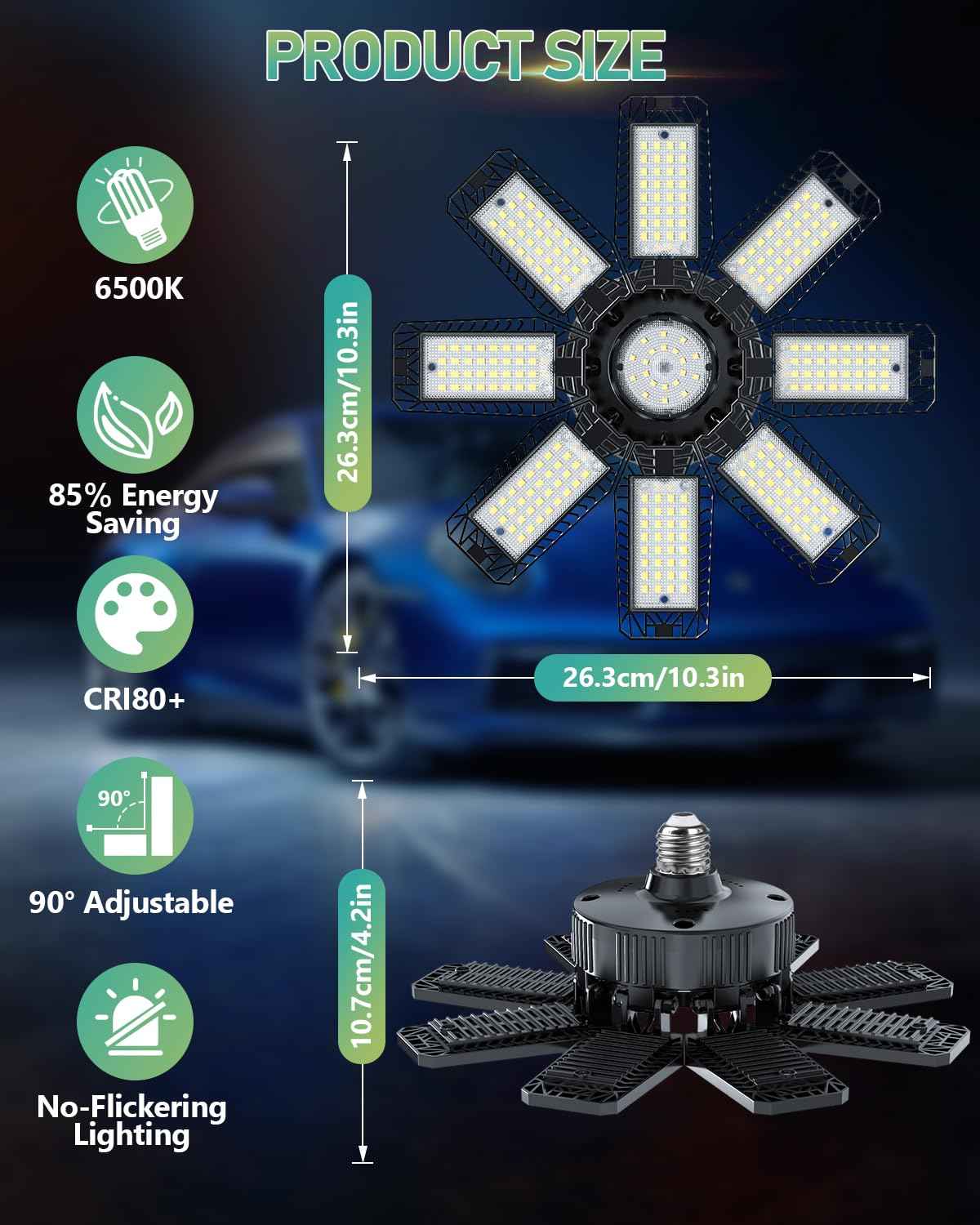 YIBEYYDS Garage Light - 240W 24000LM 6500K LED Garage Ceiling Lights with 8+1 Deformable Panels Support E26/E27 Screw in Light Fixture for Workshop, Basement (6)