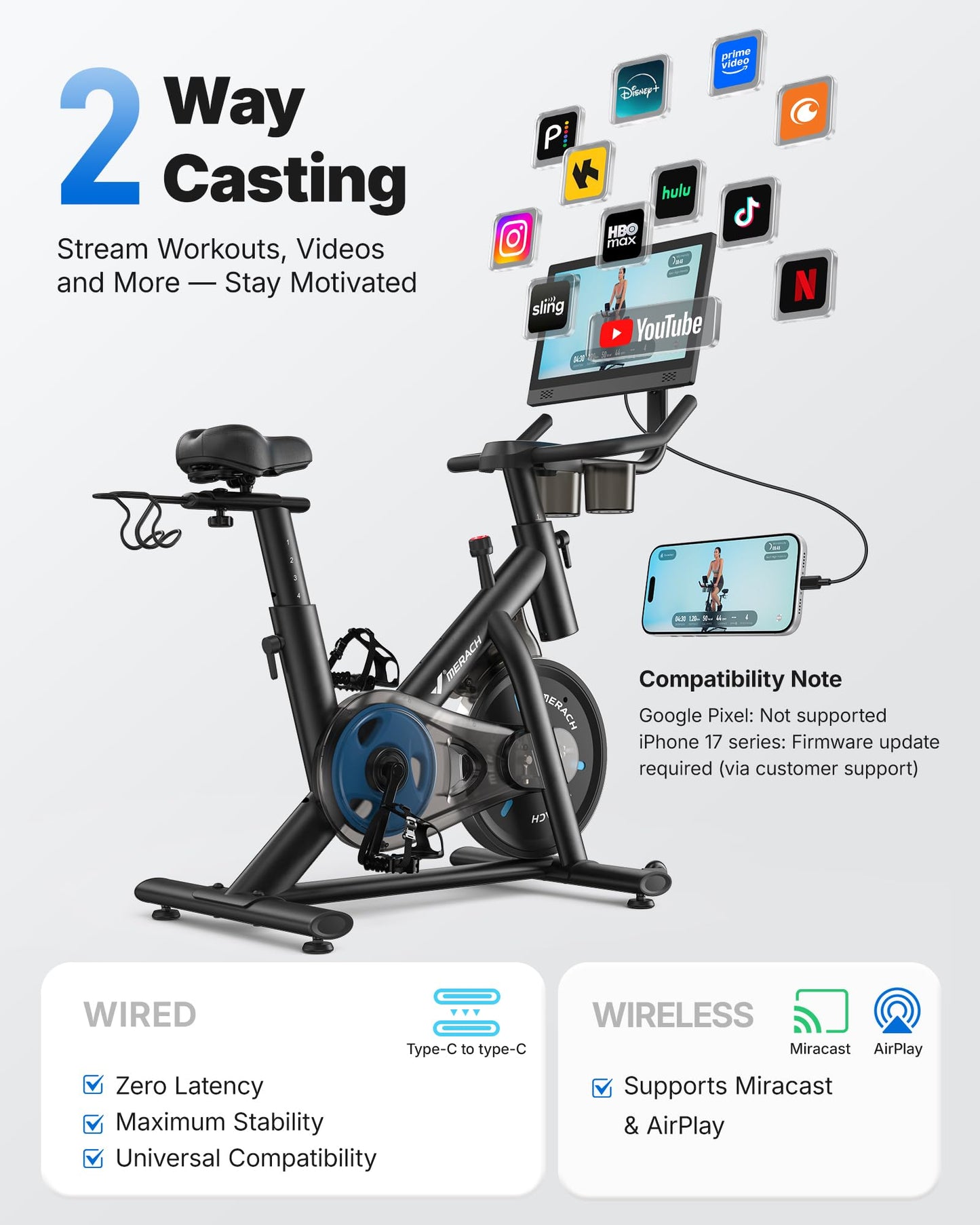 MERACH Exercise Bike, Brake Pad Stationary Bike with Exclusive App, Low Noise Indoor Cycling Bike with 270lbs Weight Capacity, Tablet Mount and Fitness Courses for Weight Loss-Blue