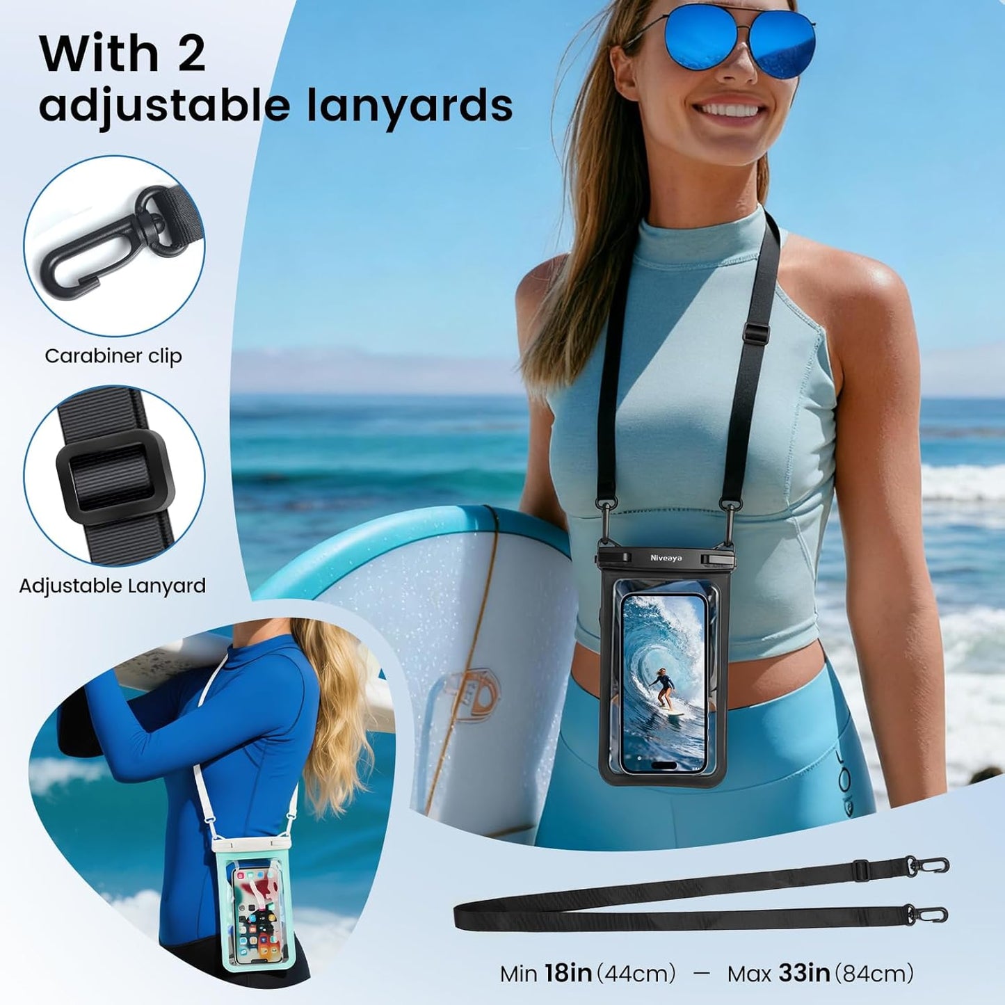 Niveaya 2 Pack IPX8 Waterproof Phone Pouch, Large Space Cell Phone Pouch Floating, Water Proof Phone Case with Lanyard, Phone Dry Bag Beach Cruise Ship Essentials(Up to 8.5")