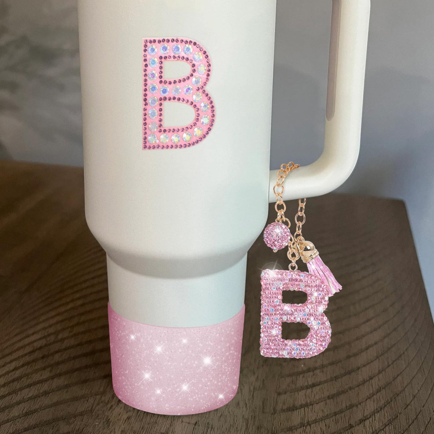 JUNIQUTE Pink Diamond Letter Charms Accessories For Handle Set,Bottom Protector for 40oz 30oz Stanley Cup Diamond Crown Straw Cover & Sticker (M)