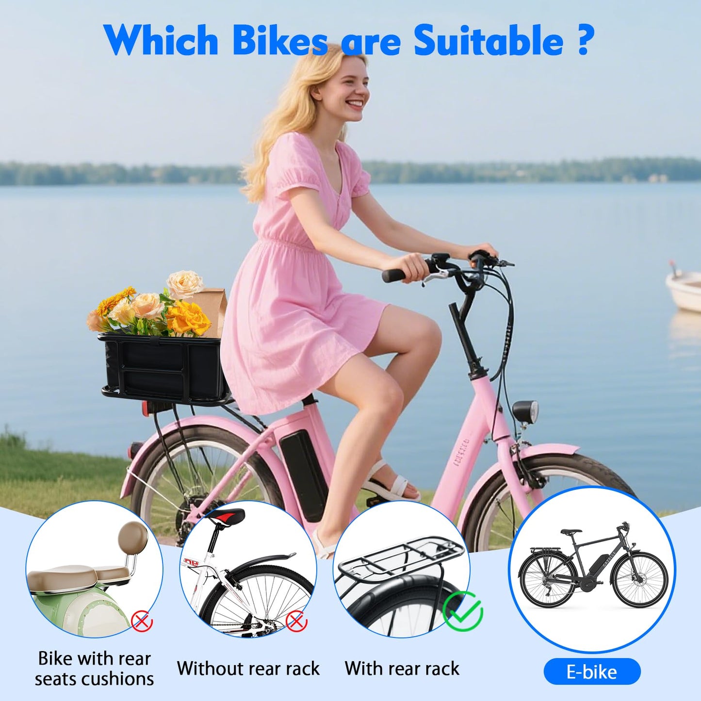Rear Bike Basket, Large Bicycle Rear Basket with Liner, Cargo Net and Waterproof Cover, Bike Baskets Rear Bike Back Baskets Bicycle Baskets (18 * 13 * 5.9)
