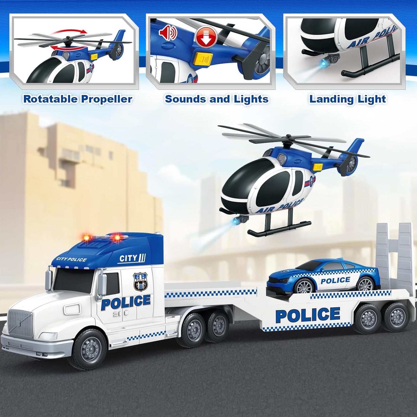 SpringFlower Police Truck Toy Set - Extra Large 3-in-1 with Racing Car & Helicopter | Perfect Birthday Gift for Boys & Girls Ages 3-6