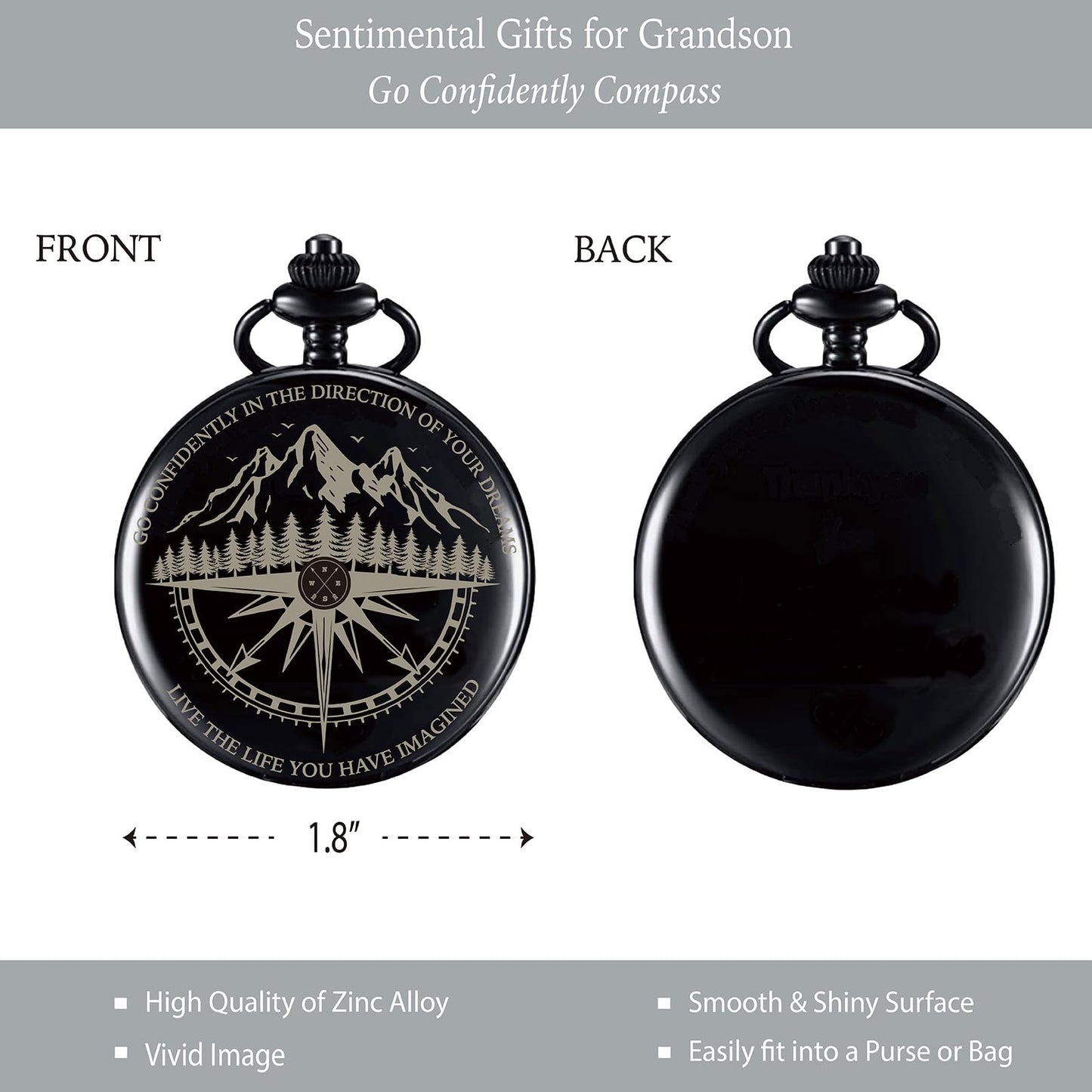 Grandson Gifts from Grandma Grandpa, Go Confidently Pocket Compass Engraved Black, to My Grandson Pocket Token, Inspirational Keepsake Gifts Ideas for Grandson Birthday Graduation Christmas