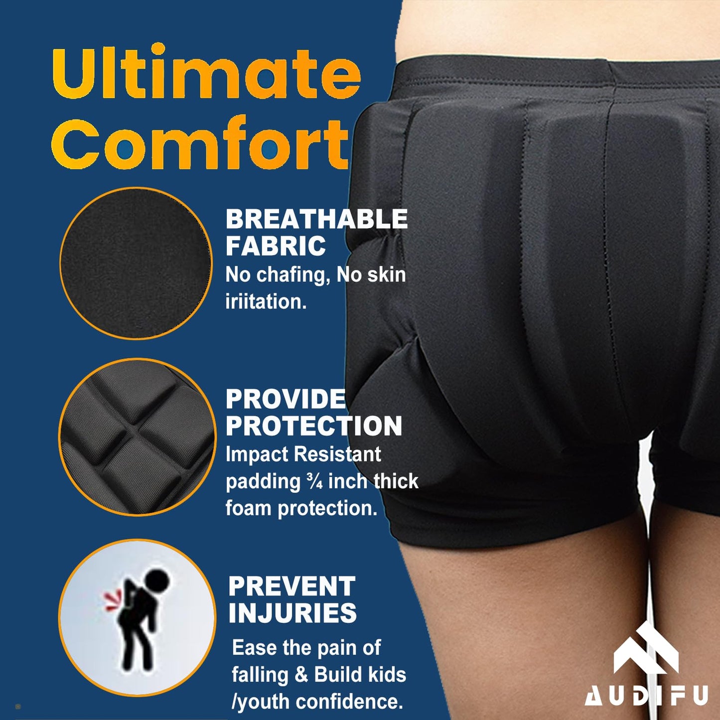 AUDIFU Kids Butt Pad Shorts for Skating Snowboarding Ski, Hip Protective Padded Shorts for Youth Child (Small)