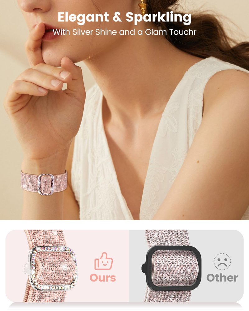 Stretchy Nylon Bands Compatible with Fitbit Versa 3/4 and Sense/Sense 2 Watch Bands, Adjustable Stretchy Bling Wristbands for Women (Pink+Mintgreen+Silverwhite)