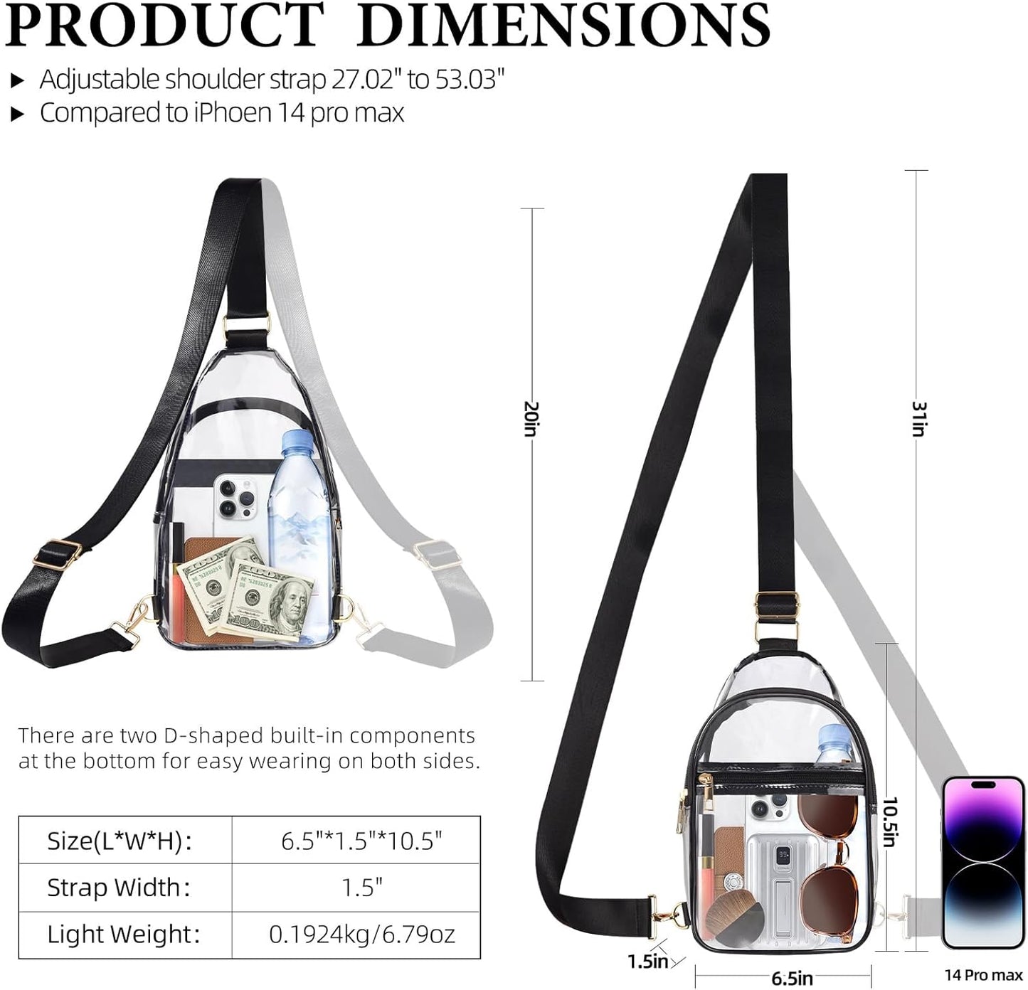 Skiennix Clear Stadium Approved Bag - Front Pocket Crossbody Purse for Concerts & Sports Events
