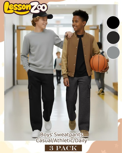 LessonZoo 3 Pack Boys' Sweatpants Wide Leg Baggy Cargo Pants with 4 Pockets Kids Elastic Waist Straight Loose Joggers(Medium,Black, Dark Heather Gray, Light Heather Gray)