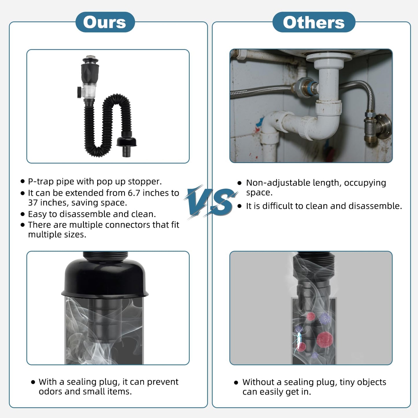 iFealClear Bathroom Sink Drain Kit, Flexible P-Trap Drain Pipe with Pop Up Stopper, Expandable Bathroom Sink Pipe Replacement with 2 Adapters, Fits 1-1/4'', 1-1/2'', 2" Holes, Hair Catcher, Chrome