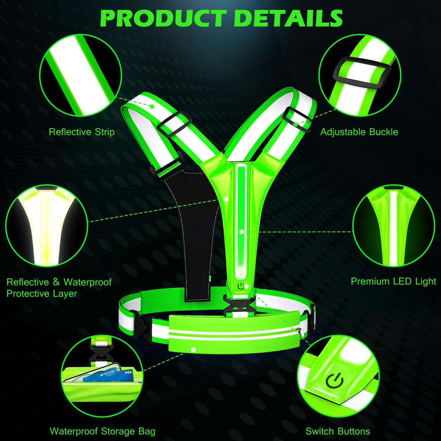 Ylzzrs LED Reflective Vest Running Gear, USB Rechargeable Light Up Running Vest Chest Phone Holder for Runners Night Walking,6-11hrs Light Adjustable Waist/Shoulder for Women Men Kids (Green)