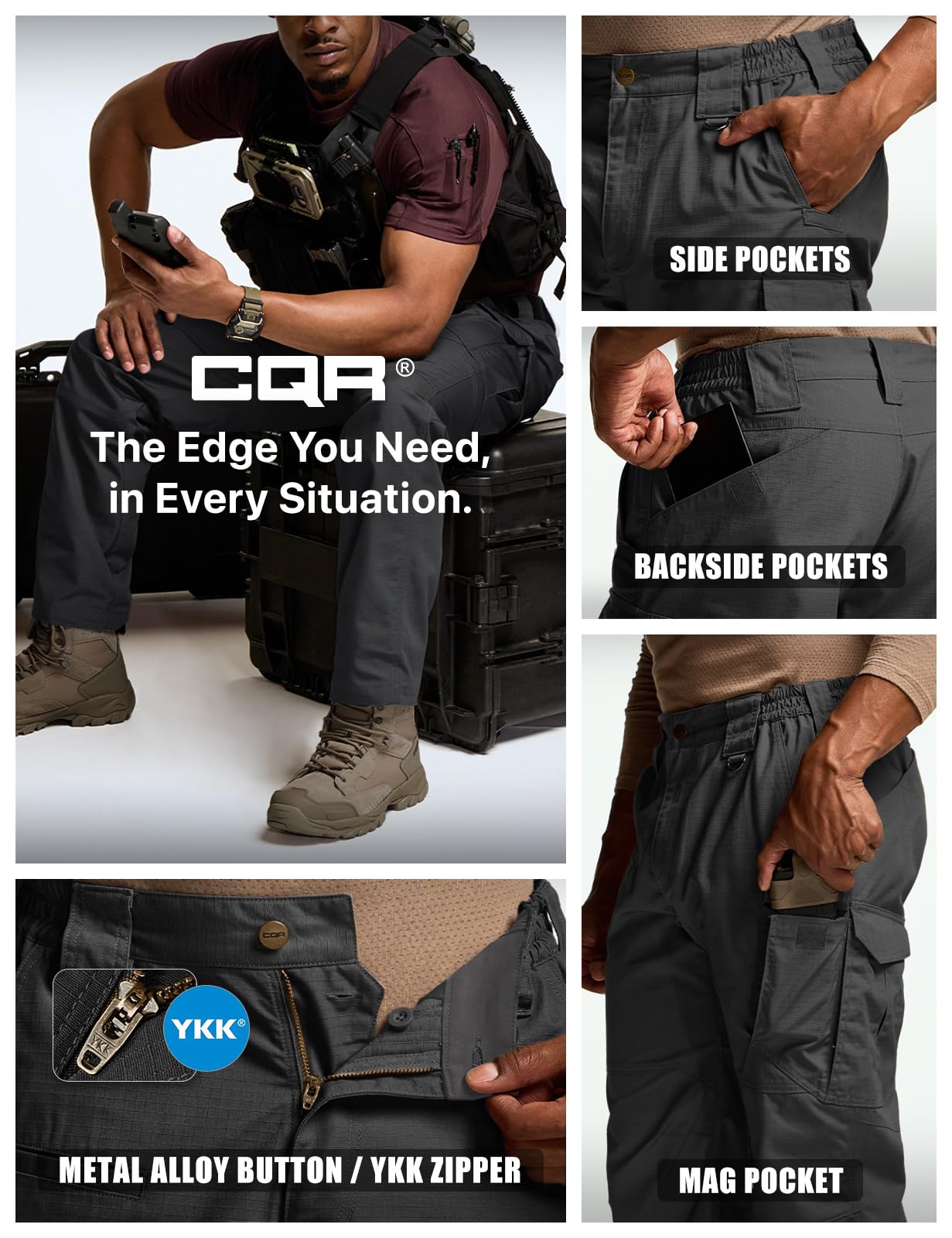 CQR Men's Tactical Pants, Water Resistant Ripstop Cargo Pants, Lightweight EDC Work Hiking Pants, Outdoor Apparel, Raider Mag Pocket Black, 36W x 32L
